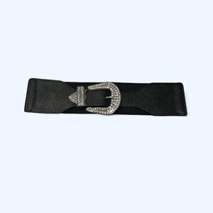Black Elastic Stretch Belt With Faux Leather